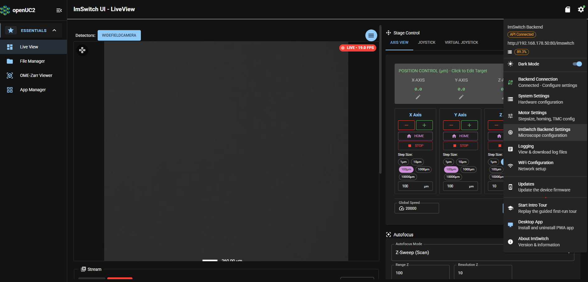 ImSwitch app: settings menu: ImSwitch Backend Settings