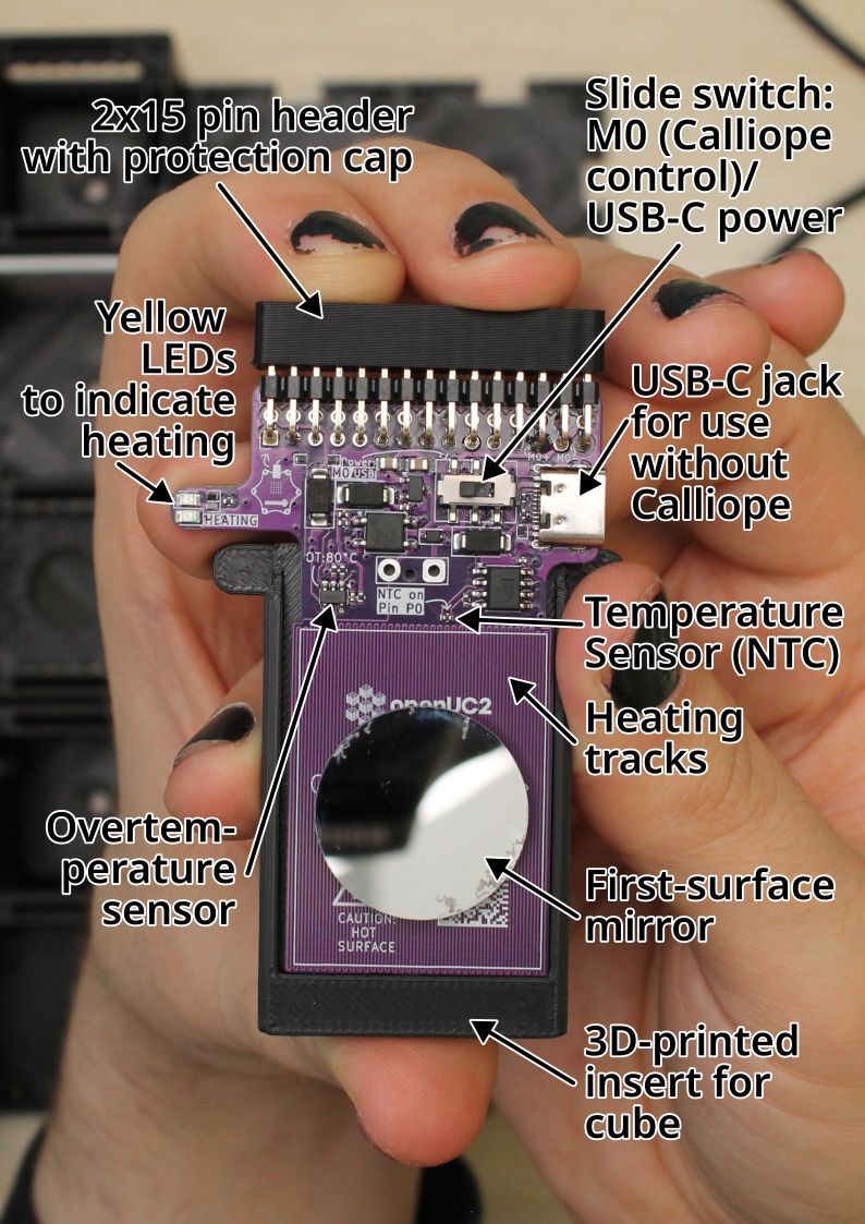 Annotated photo of the calliope-mirror-heater assembly