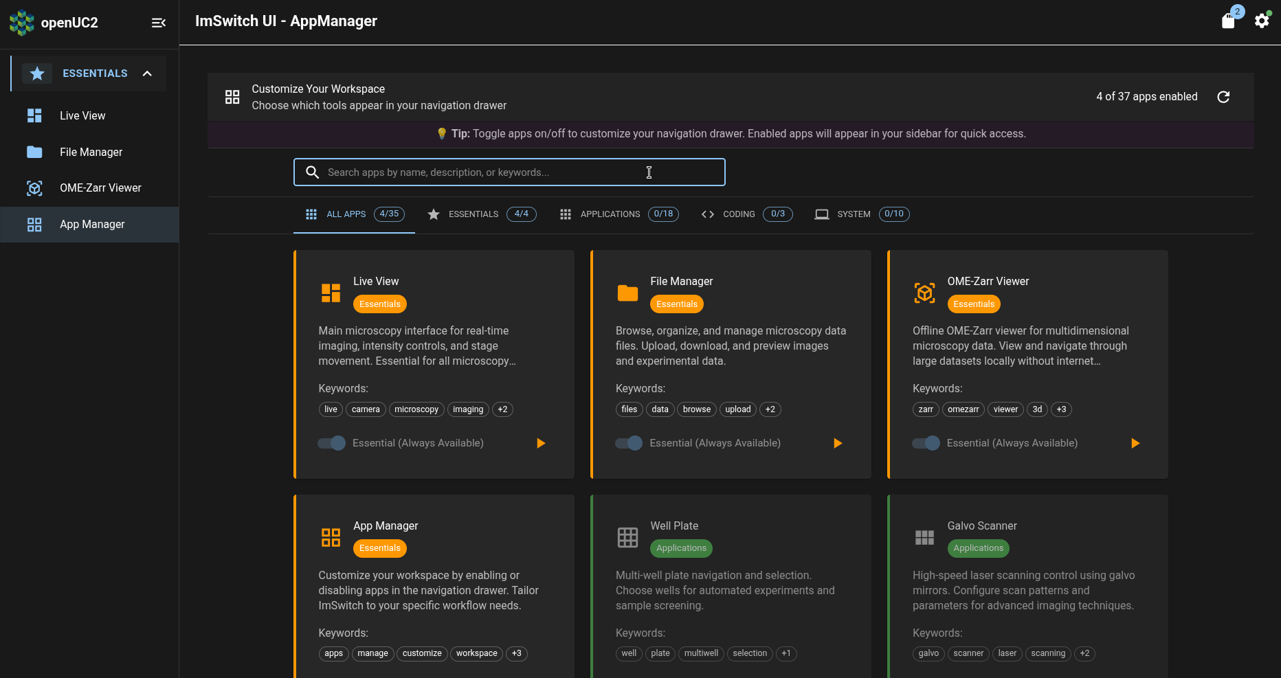 ImSwitch app: App Manager page: search box