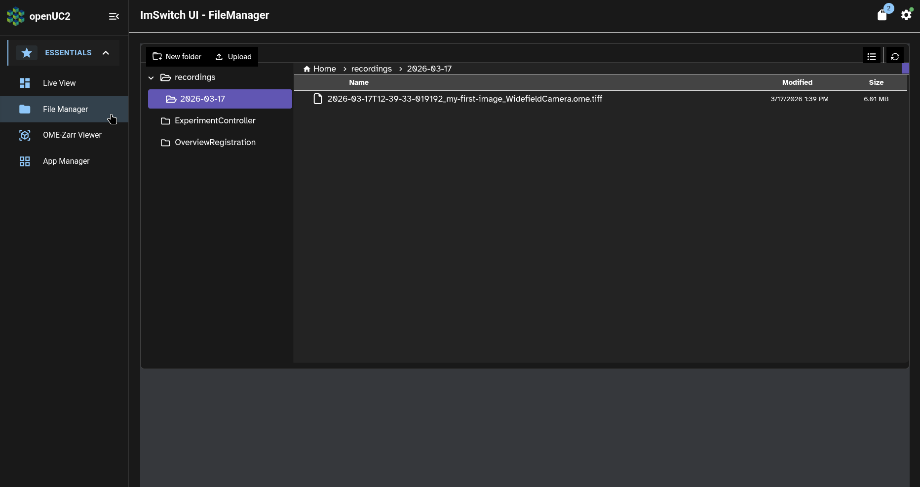 ImSwitch app: File Manager page: context menu: nav