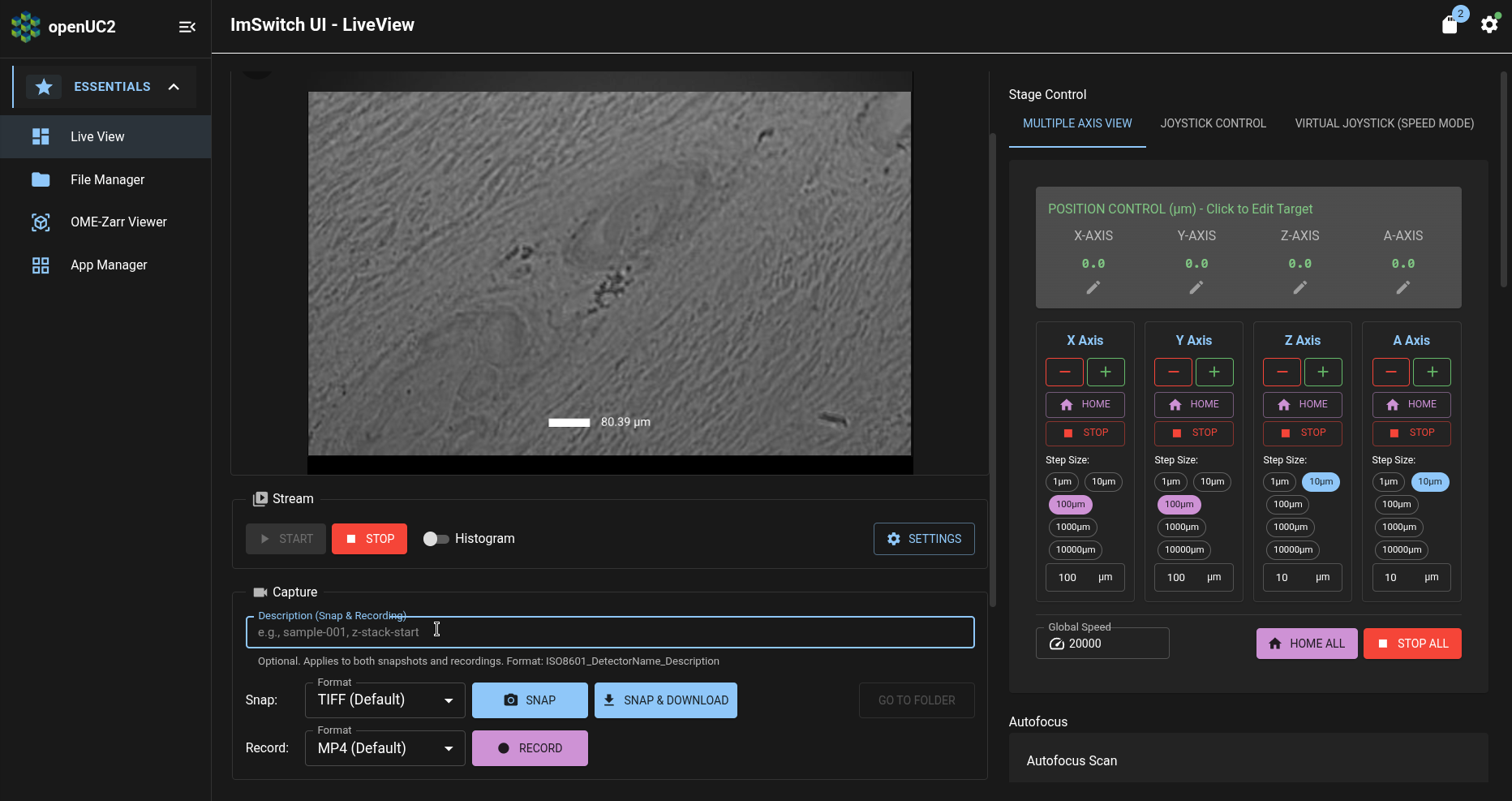 ImSwitch app: Live View page: Capture panel