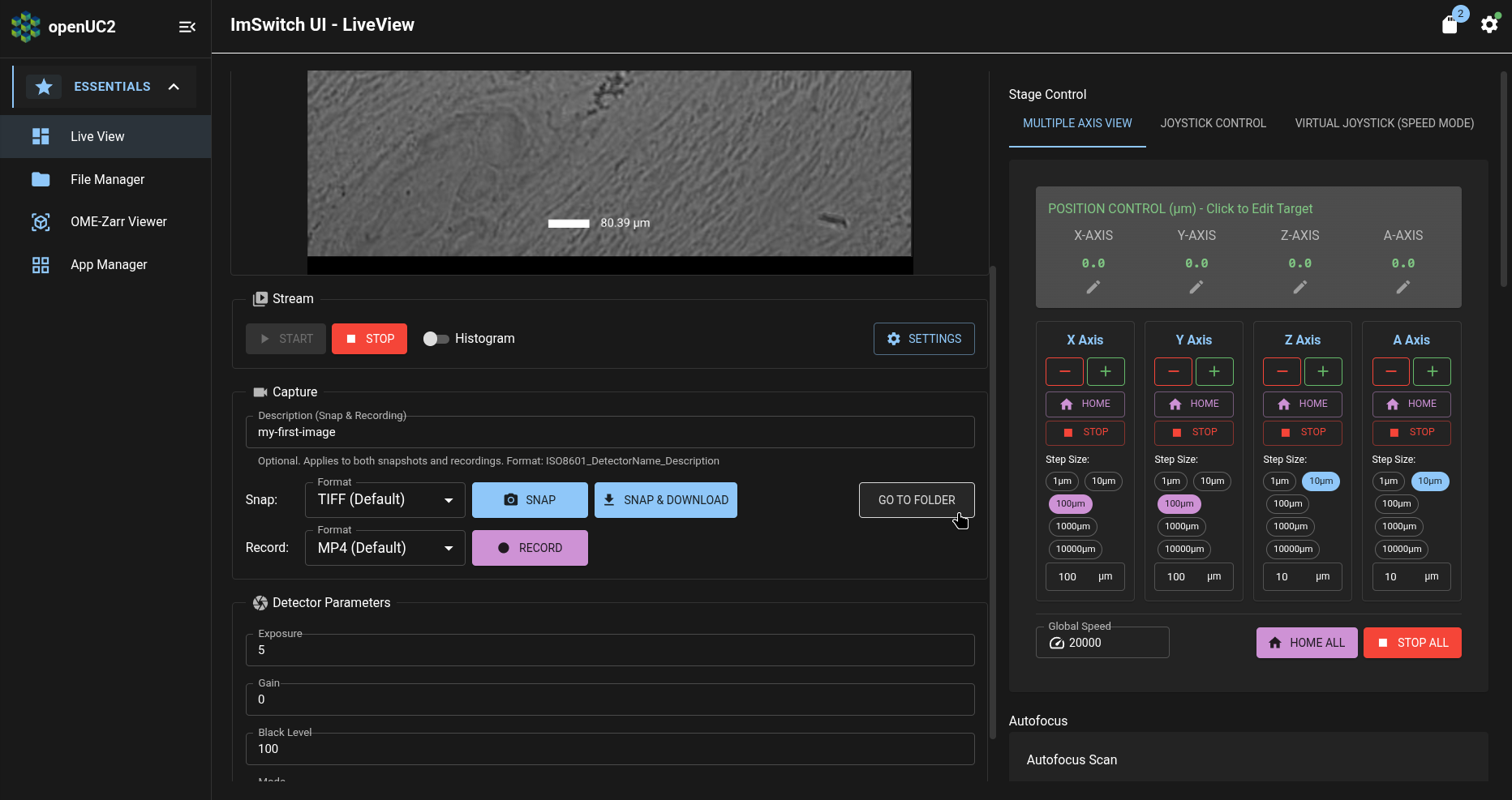 ImSwitch app: Live View page: Capture panel: Go to Folder button