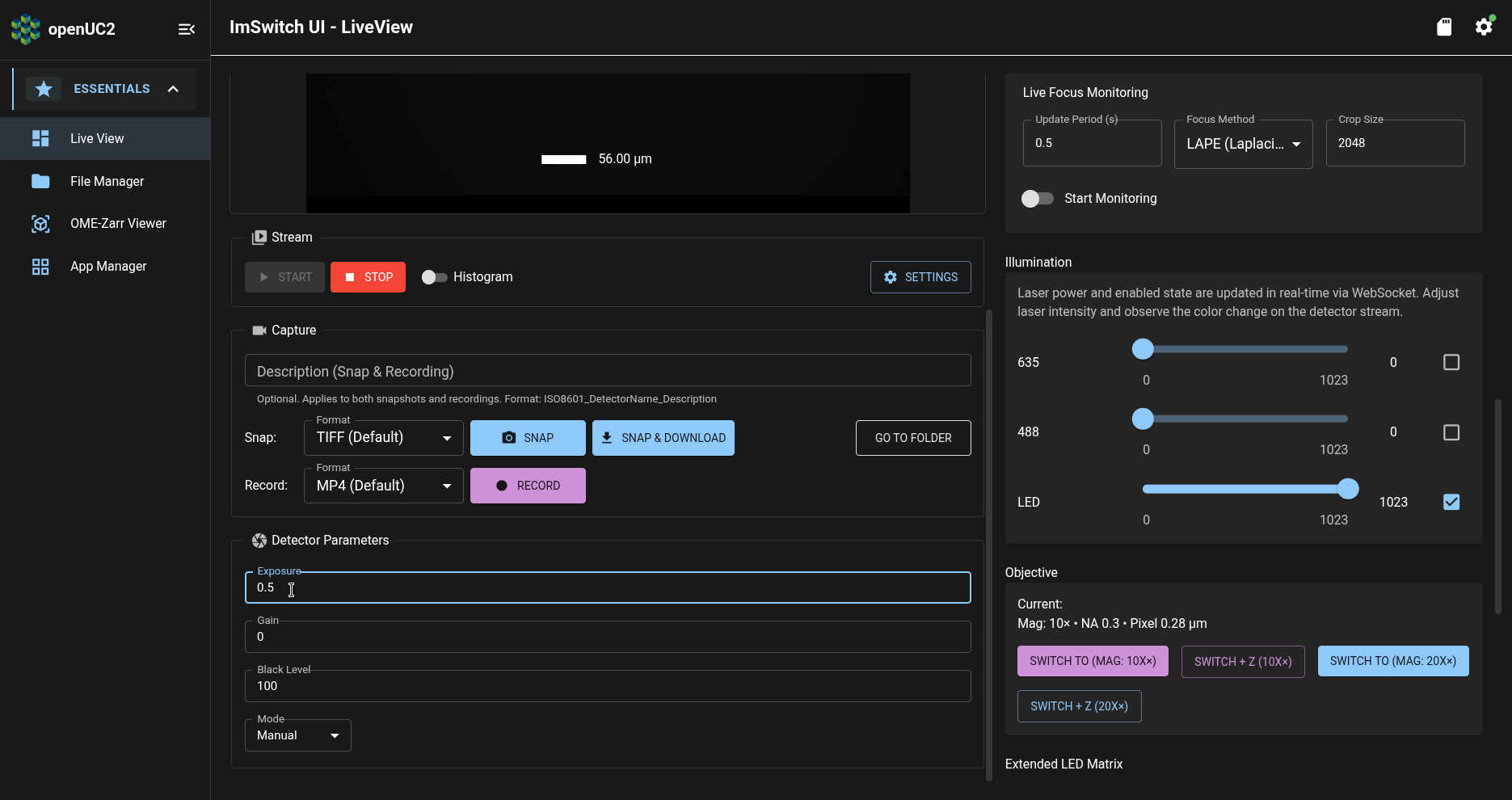 ImSwitch app: Live View page: Detector Parameters section: exposure