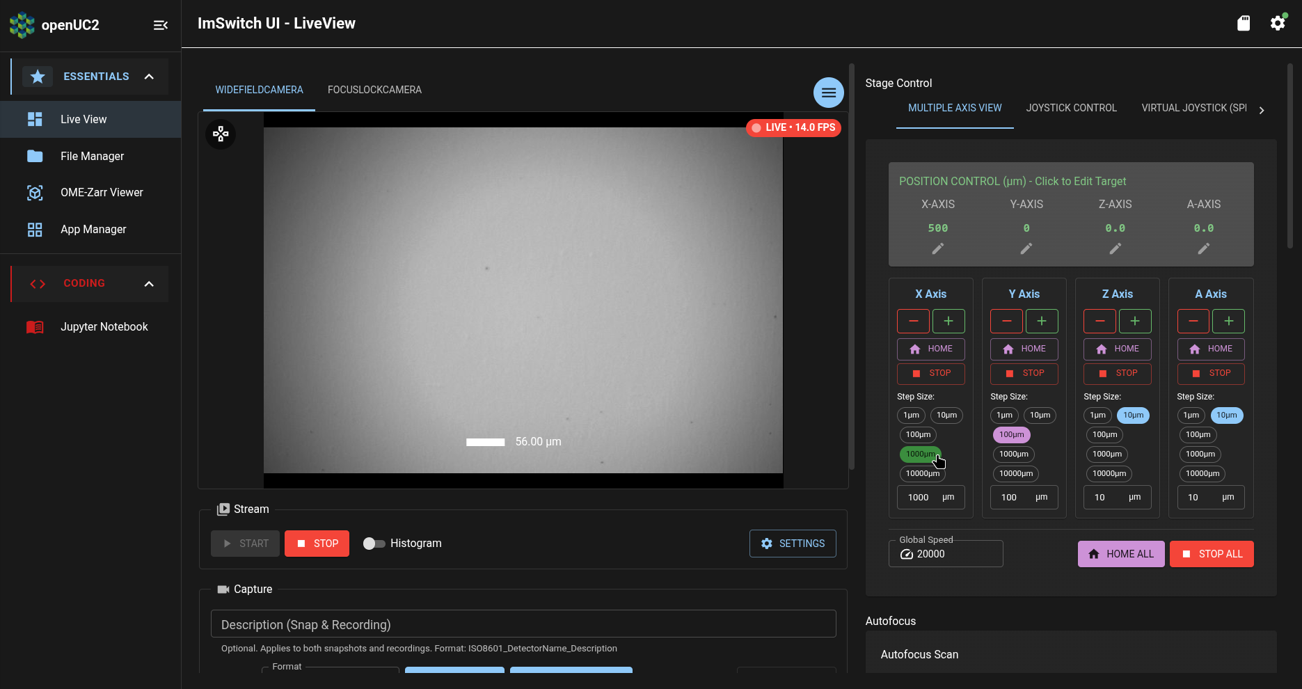 ImSwiwtch app: Live View page: Stage Control section: position increment selection