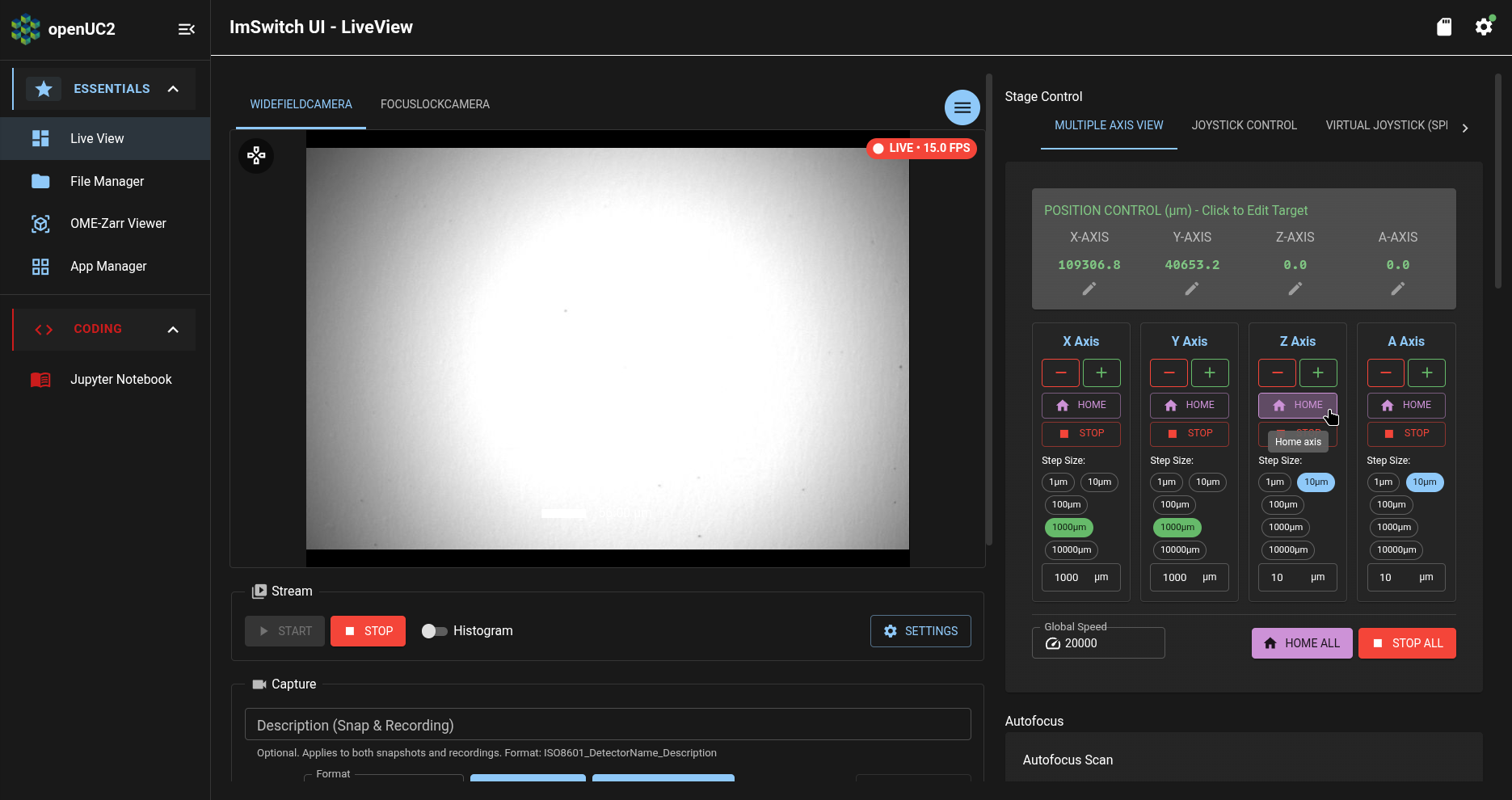 ImSwitch app: Live View page: Stage Control section: Z-axis homing