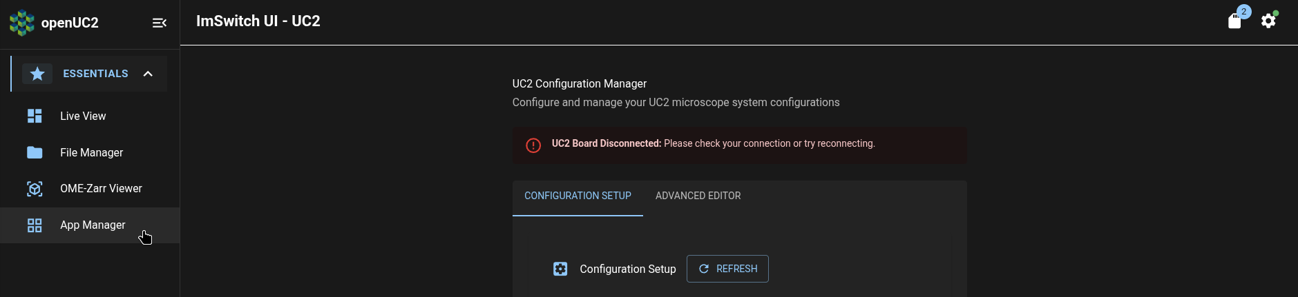 ImSwitch app: navigation menu: App Manager