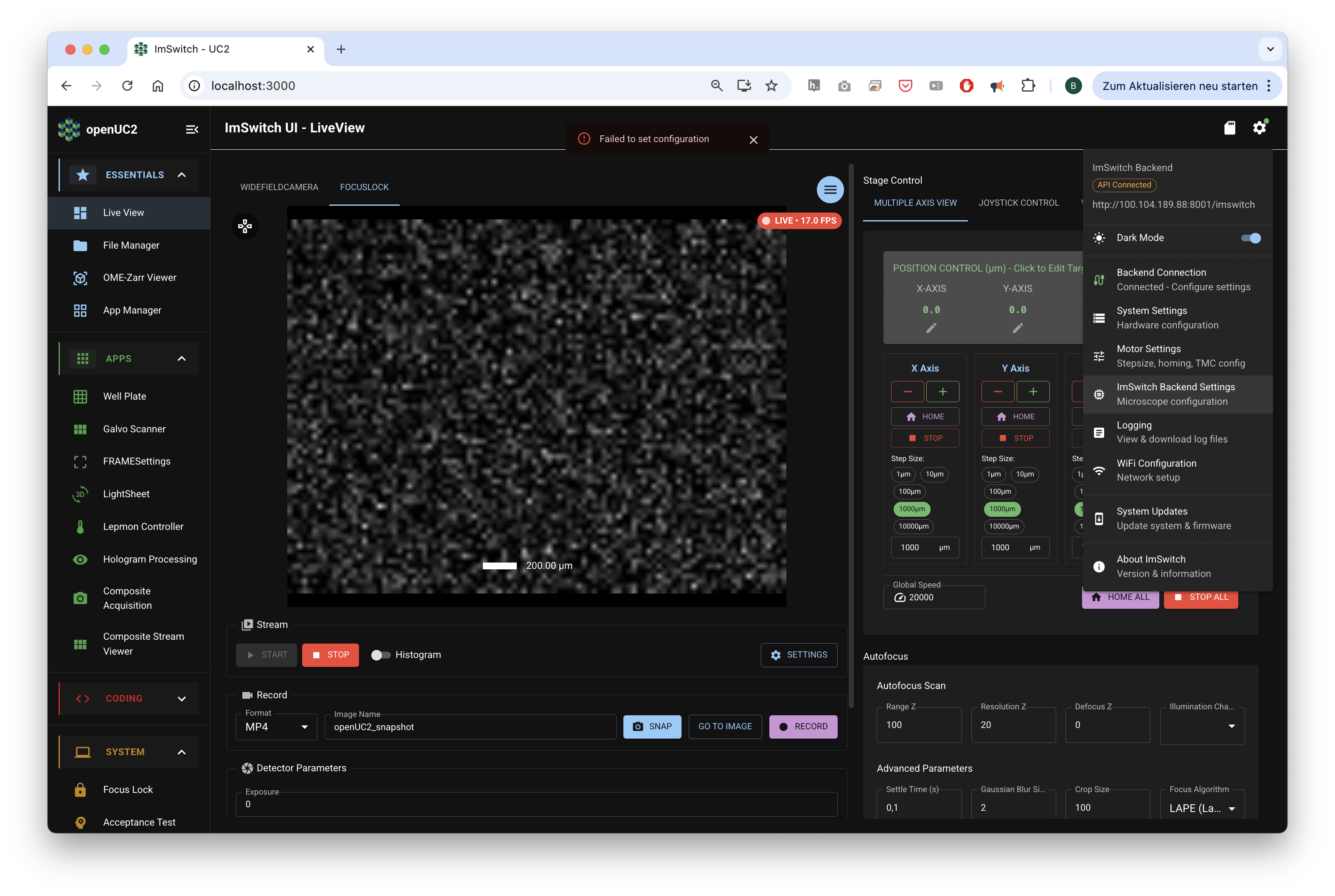 ImSwitch app: settings menu: ImSwitch Backend Settings