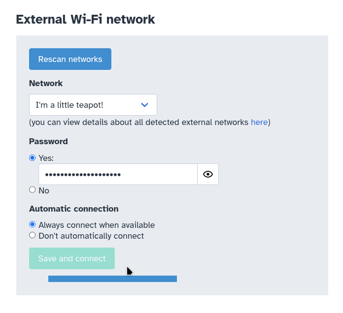 Machine Admin app: Internet Access page: External Wi-Fi network section: connect button