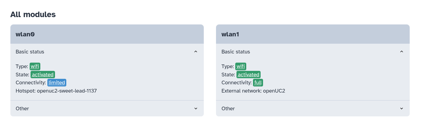 Machine Admin app: Internet Access page: Wi-Fi section: All modules section
