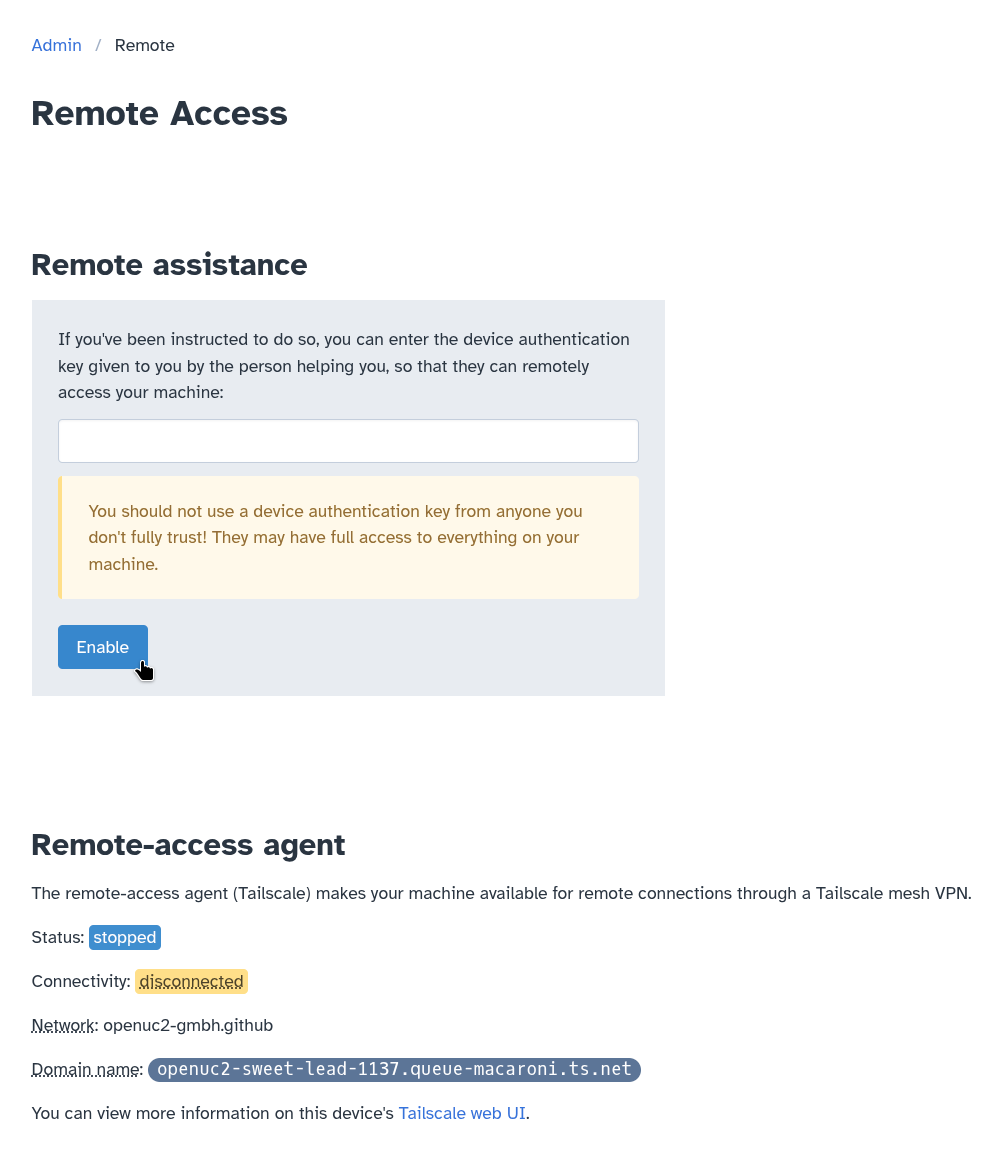 Machine Admin app: Remote Access page: enabling